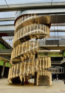 POST Houston’s Vladimir Tatlin-inspired staircase under construction, designed by architecture firm OMA/Jason Long. OMA was founded by Rem Koolhaas, Rotterdam.