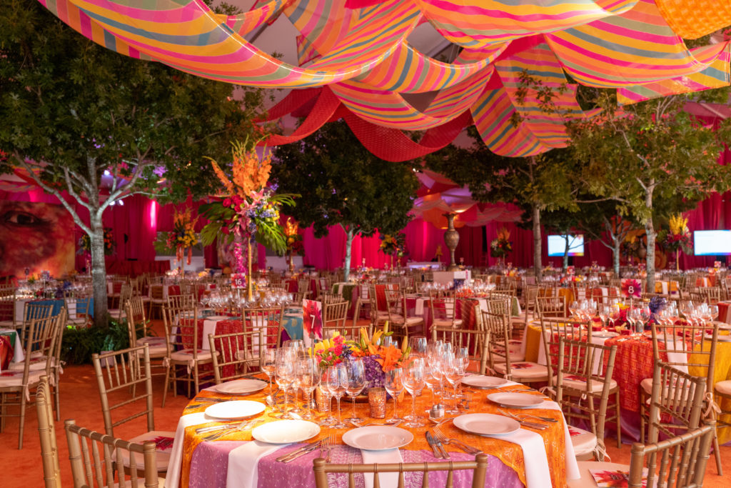 The Events Company dressed the Asia Society Texas Center gala pavilion in myriad flowers and a panoply of silk saris overhead (Photo by Daniel Ortiz)