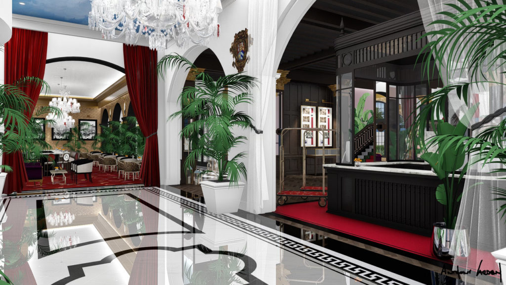 Crystal chandeliers and reams of crimson velvet are part of the renovation of the Grand Galvez, as envisioned by new owner Dallas hotelier Mark Wyant.(Rendering courtesy of Grand Galvez/Seawall Hospitality LLC) 