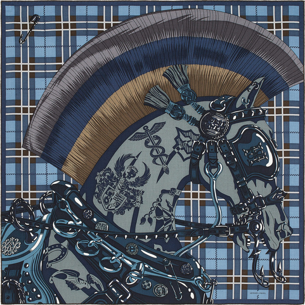 HP – Hermès ― Cheval Punk Pocket Square 45, $165 or Cheval Punk Embroidered Tie, $240.