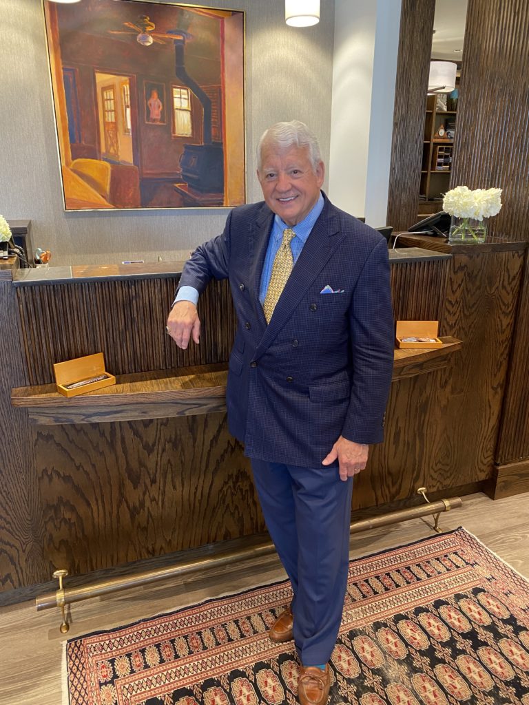 After 40 years in the haberdashery business, veteran Bill Walker still takes time for special customers in his new emporium in Post Oak Plaza.