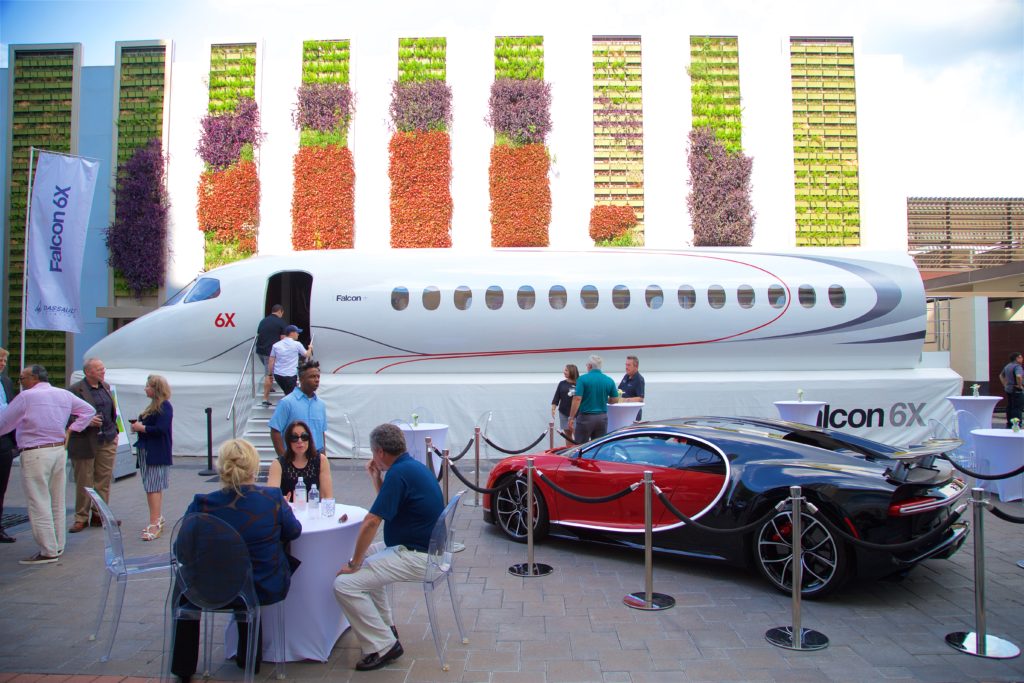 private jet Two French masterpieces on display at the Post Oak Hotel — the Dassault Falcon 6X mock-up and the Bugatti Chiron (Photo by John Manigold)