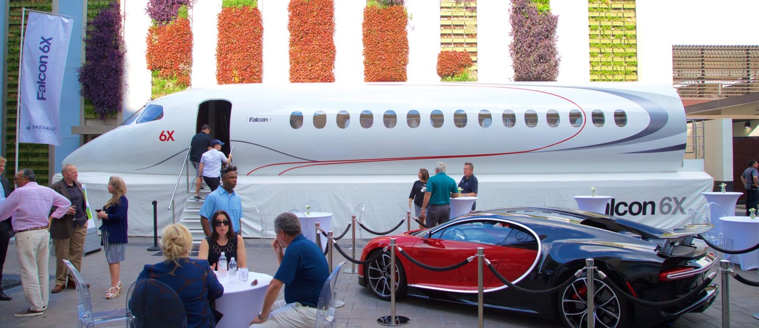 private jet Two French masterpieces on display at the Post Oak Hotel — the Dassault Falcon 6X mock-up and the Bugatti Chiron (Photo by John Manigold)