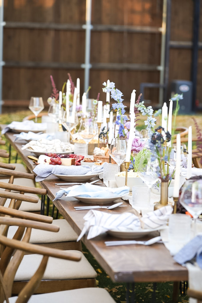 Posh – Backyard Dinner with friends – Our farmhouse table and Denmark chairs with Arte Italica dinner plates. Design by MO&CO Events with LUSHRA. Hannah Vista Photography.