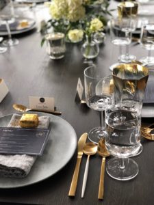 Posh – Supper Club – Concrete grey charger and Kim Seybert Helix Wine Glass. Design and photography by Ellison Event Productions.