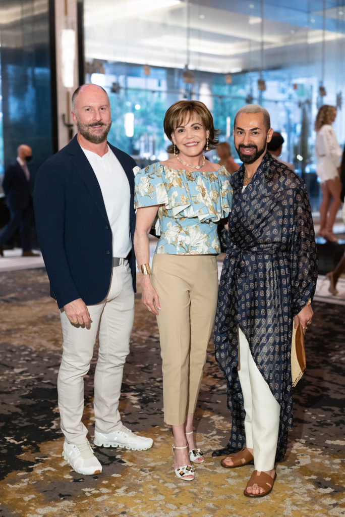 Tenenbaum Jewelers' Tony Bradfield, Hallie Vanderhider and Tootsies creative director Fady Armanious at the Theorem Sauvignon Blanc event at the Post Oak Hotel (Photo by Daniel Ortiz)