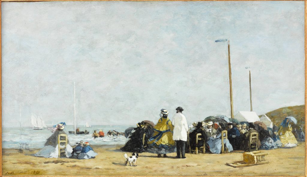 Eugene Boudin, Crinolines on the Beach, 1863, oil on panel, Bemberg Collection. © RMN-Grand Palais/Mathieu Rabeau
