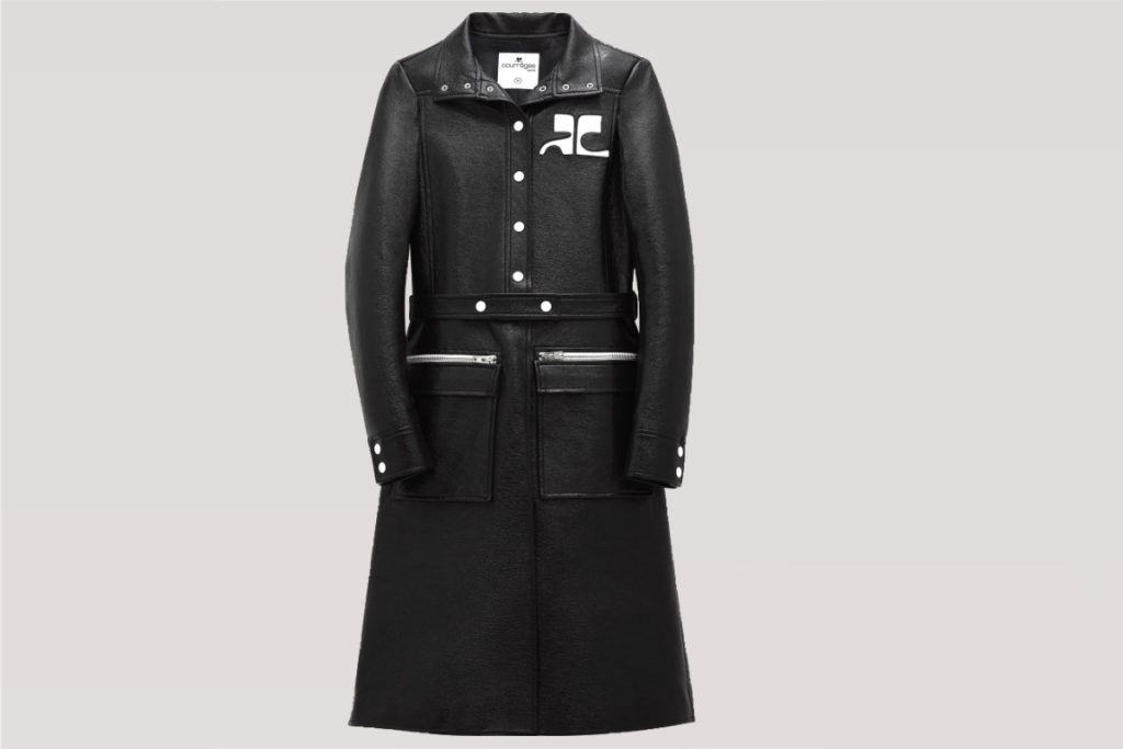 Courrèges black vinyl trench, available at courrèges.com