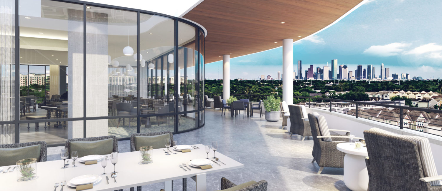 The Watermark at Houston Heights Club Dining View to Downtown; Rendering Courtesy of Watermark