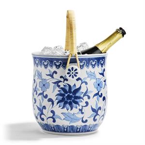 Two's Company Canton Porcelain Basket with Woven Cane Handle.