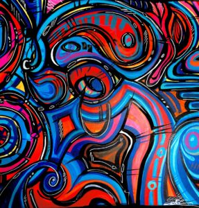 Craig Carter’s “Humanity Maelstrom”, 2021, is inspired by the shapes and colors seen in graffiti art.