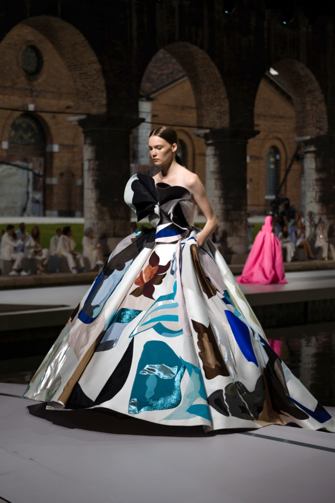 Five works by artist Patricia Treib were incorporated into this duchess satin gown by Valentino created from more than 100 fabrics applied with micro-draped elements to simulate the brush strokes of the artist (Photo courtesy of Valentino)