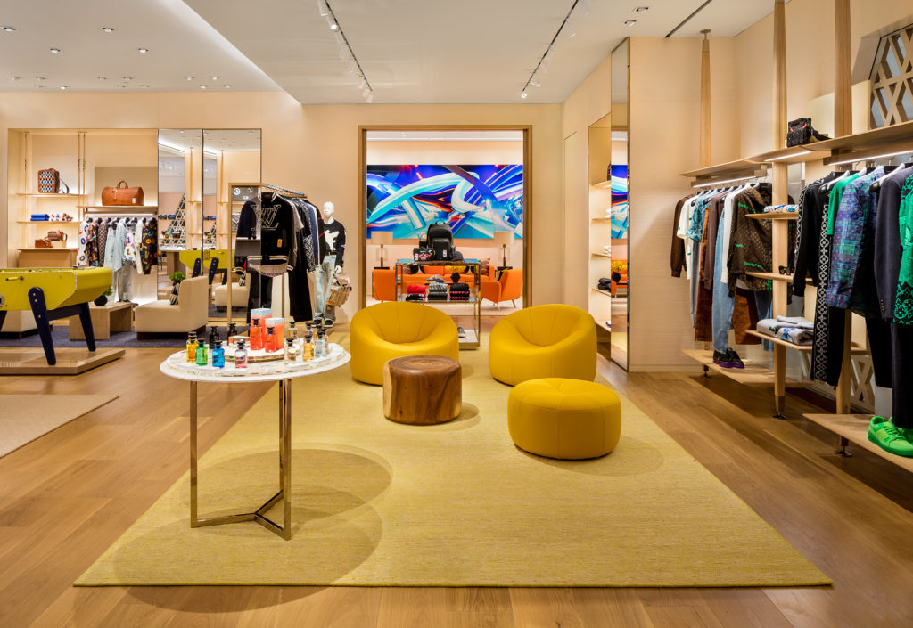 Louis Vuitton men's boutique embraces the maison's heritage with iconic mid-century furnishings and contemporary art by Japanese artist Kenta Cobayashi.