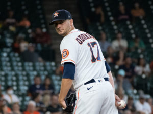 Pitcher Jake Odorizzi earned his 6th victory. The Astros beat the Seattle Mariners 15-1  at Minute Maid Park, Saturday August 21, 2021. Jake Odorizzi gothic the victory.
