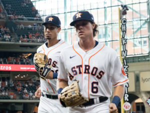 Taylor Jones, a spot starter in left field comes off the foeld with Jake Meyers after Jones made a perfect throw to home plate in the first inning. The Astros beat the Seattle Mariners 15-1 at Minute Maid Park, Saturday August 21, 2021. Jake Odorizzi gothic the victory.