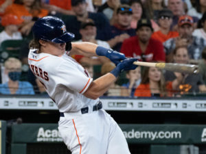Rookie center fielder Jake Meyers knocks a base hit. The Astros beat the Seattle Mariners 15-1  at Minute Maid Park, Saturday August 21, 2021. Jake Odorizzi gothic the victory.
