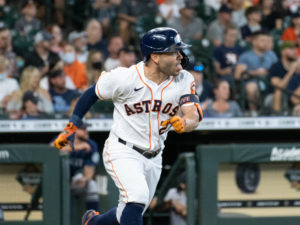 Jose Altuve slashes an infield base hit. The Astros beat the Seattle Mariners 15-1  at Minute Maid Park, Saturday August 21, 2021. Jake Odorizzi gothic the victory.