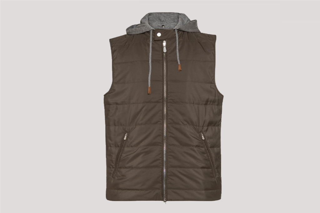 Eleventy hooded quilted vest in military green, $695, available at Stanley Korshak and stanleykorshak.com