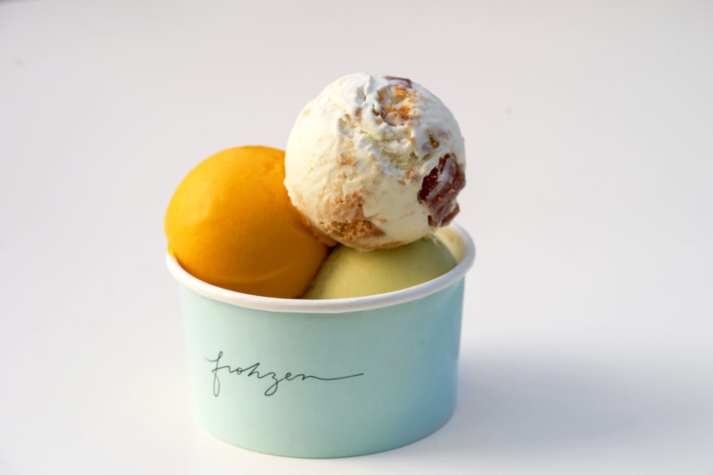 Guava, mango and pistachio ice cream from Frozhen in Cafe Leonelli in the Musuem of Fine Arts, Houston.