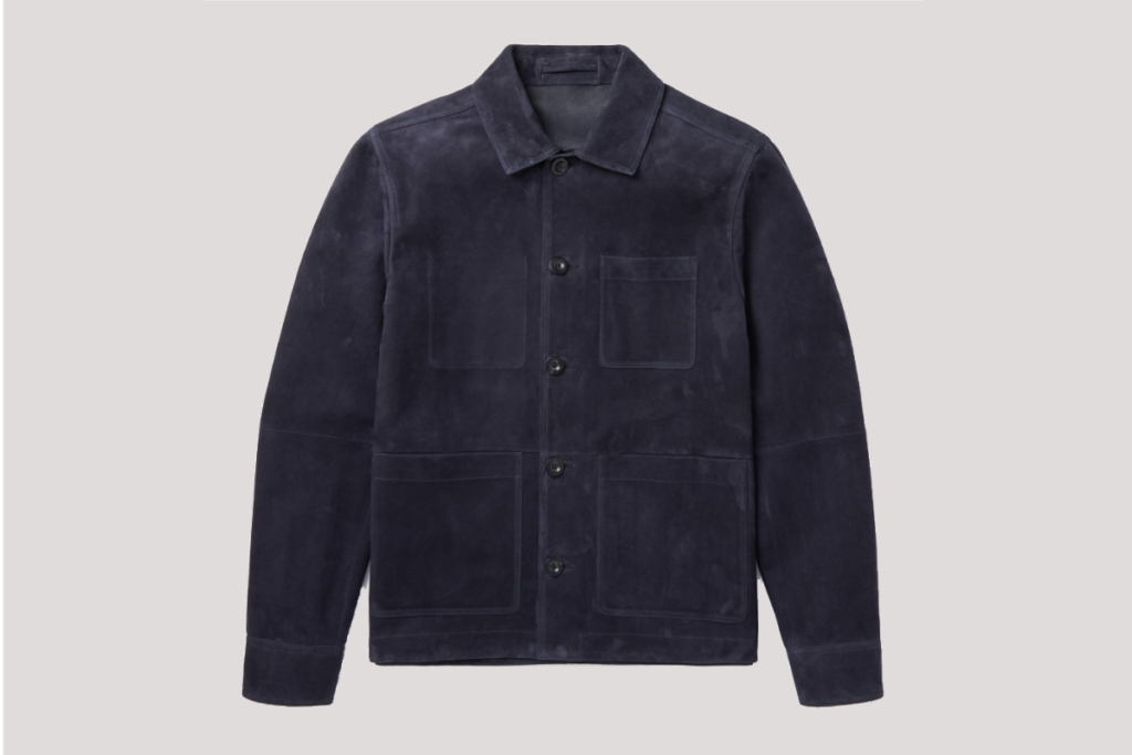 MR PORTER navy blue suede jacket, $1,035, available at mrporter.com