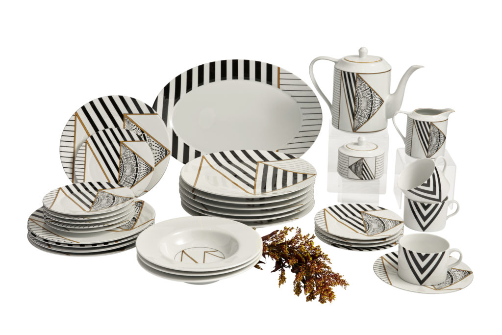 Nina Magon Studio introduces its new tableware collection, here, the Alina pattern is embellished with strong graphic lines and pearlized spheres.