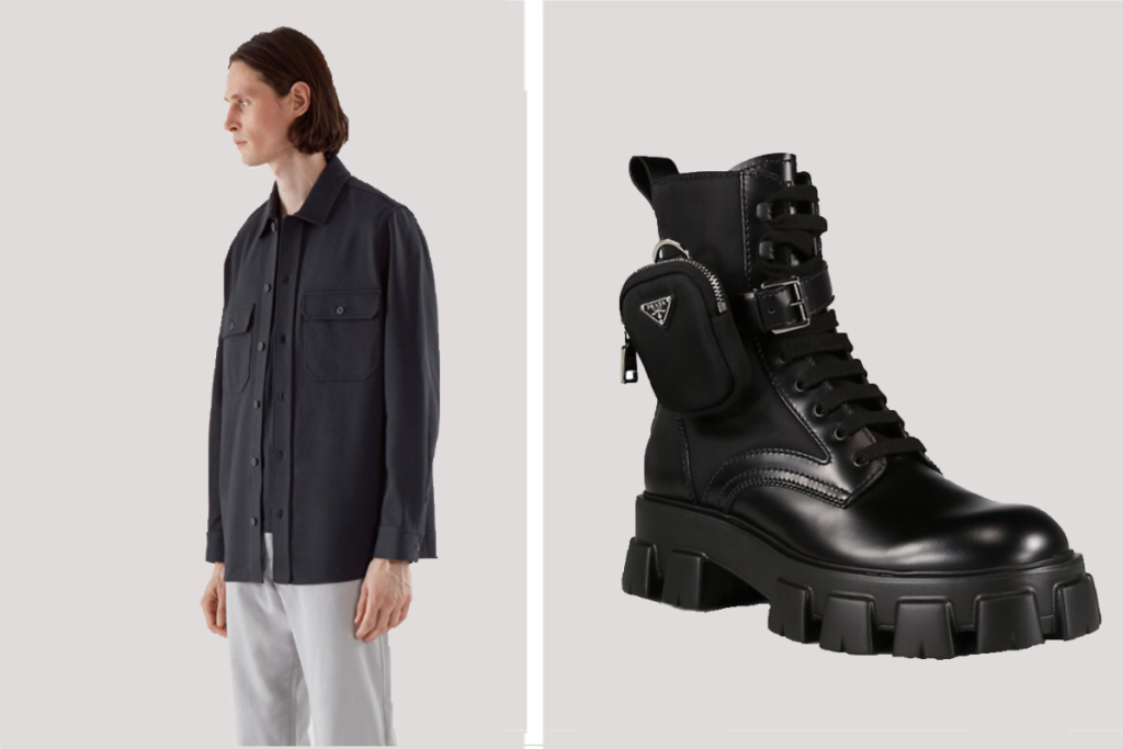 COS relaxed-fit navy blue jersey overshirt, $99. Prada lug-sole combat boots, $1,550