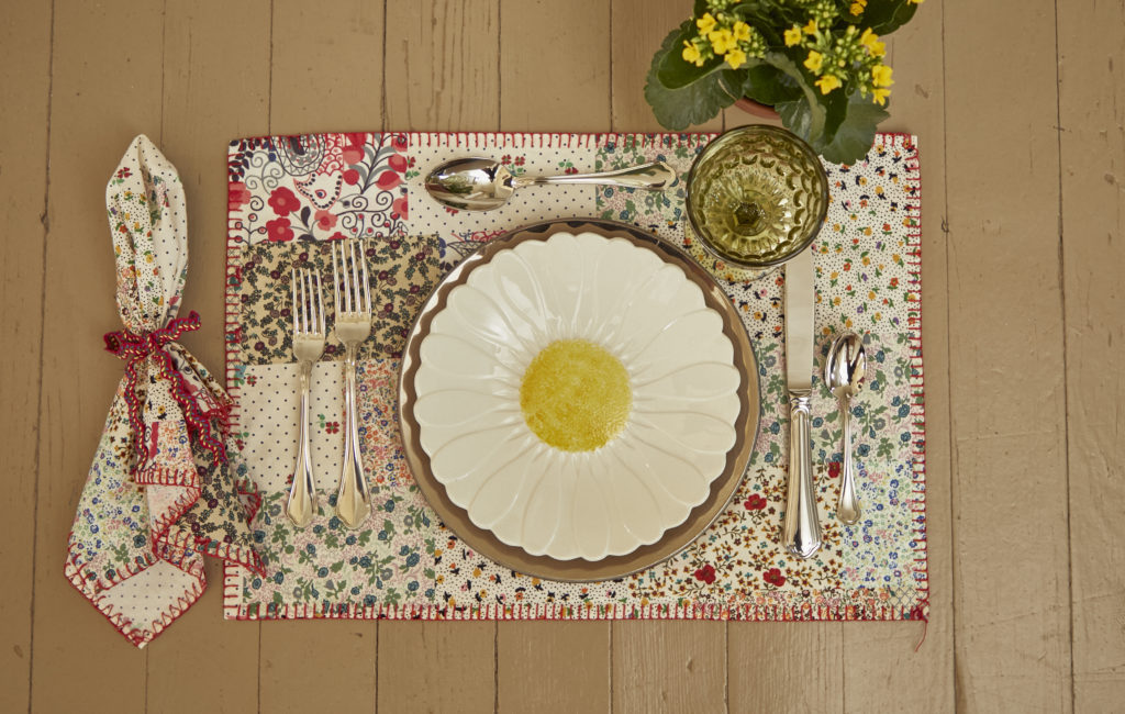 Detail of Hunter Bell's Patchwork tabletop linens.