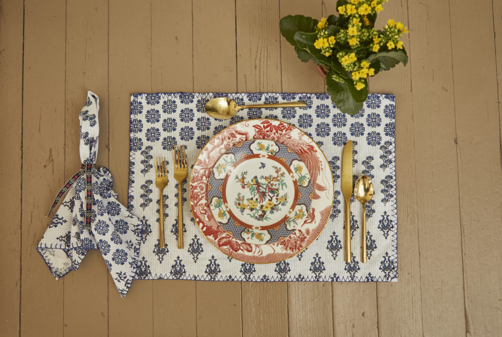 Hunter Bell's table linens, here Westrn Willow Blue, will be available on the designer's website beginning September 3.