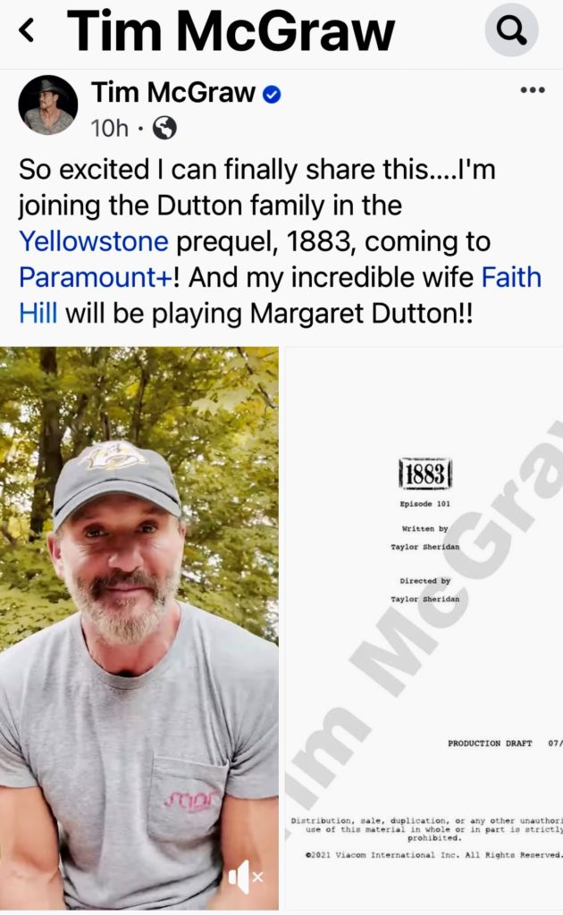 Tim McGraw breaks the news on his social media, that he and wife Faith Hill will be joining the cast of Y:1883, shooting this fall in the Fort Worth Stockyards.