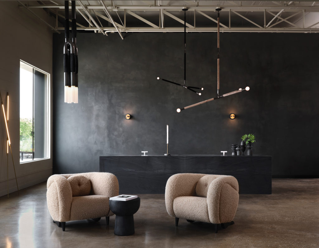 Chairs Pierre Augustin Rose, Paris. Table is Faye Toogood, London. Apparatus Studio light pendant, NY. Lamp on desk is Lost Profile Studio, Australia. Giopato & Coombes sconces, Italy. (Photo by Lisa Petrole)