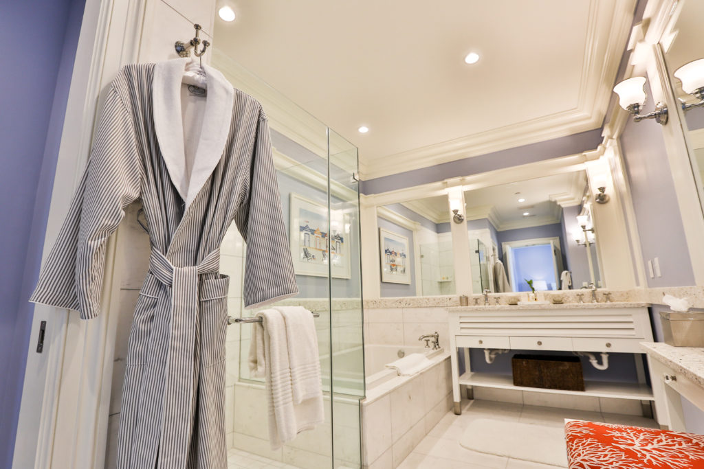 Slip into your seersucker robe in the spacious bathroom suite of the king room at The Beach Club. (Photo The Charleston Harbor Resort & Marina)