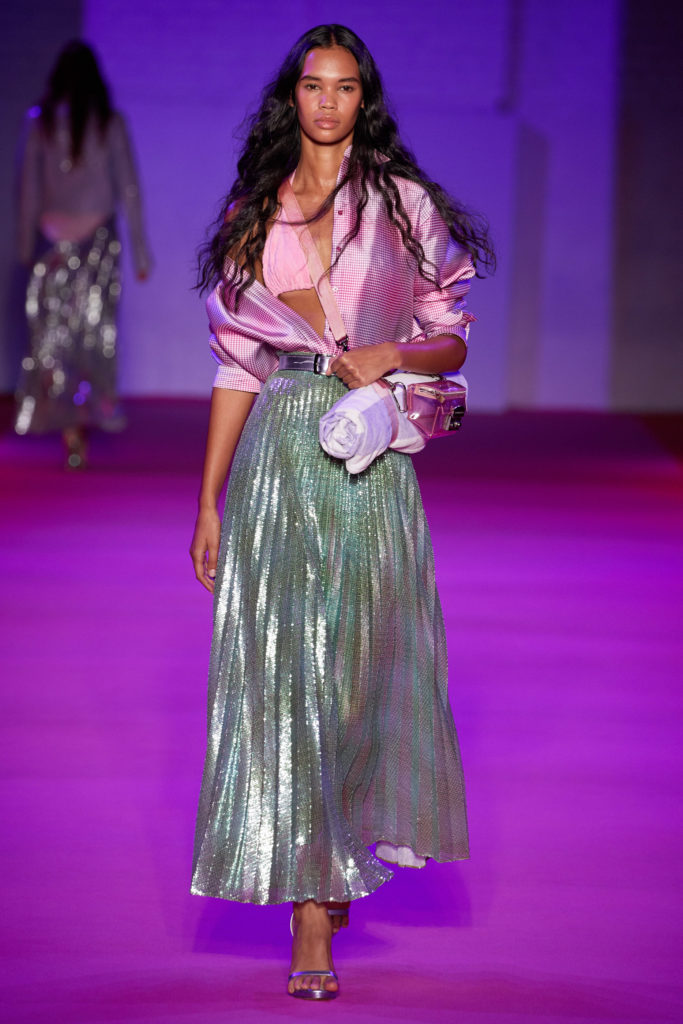 Brandon Maxwell pleated lame skirt and satin blouse. (Photo by Greg Kessler courtesy of Brandon Maxwell)