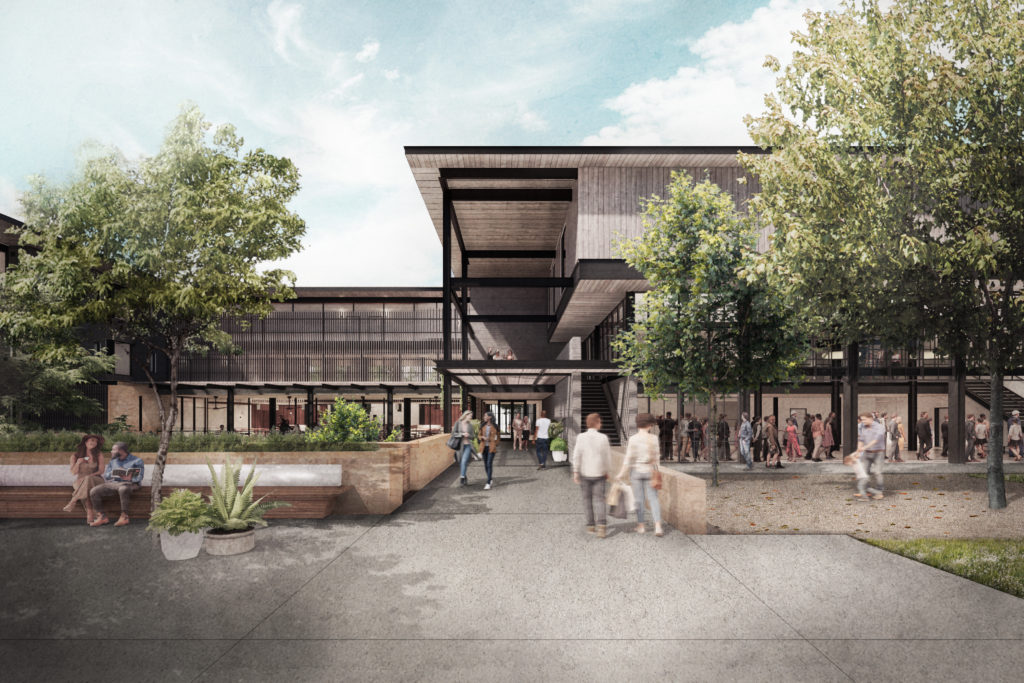 The courtyard entry to the Albert Hotel by New Waterloo in Fredericksburg where the new construction employs wood, limestone brick, stone, and steel.  (Renderings by Clayton Korte) (Photo by Renderings by Clayton Korte)