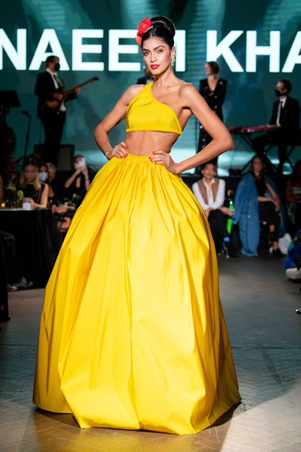Naeem Khan marigold taffeta ballgown with cut-out bodice and glass-embroidered straps. (Photo courtesy of Naeem Khan)