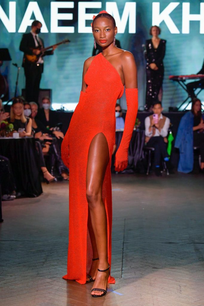 Naeem Khan red one-shoulder gown with side slit. (Photo courtesy of Naeem Khan)