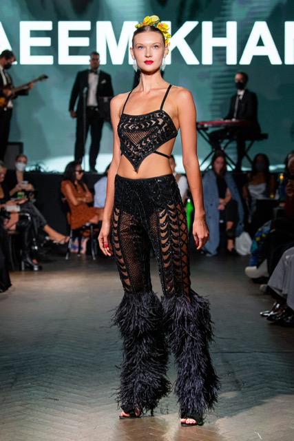 Naeem Khan onyx glass embroidered jumpsuit with ostrich feather pant detail. (Photo courtesy of Naeem Khan)