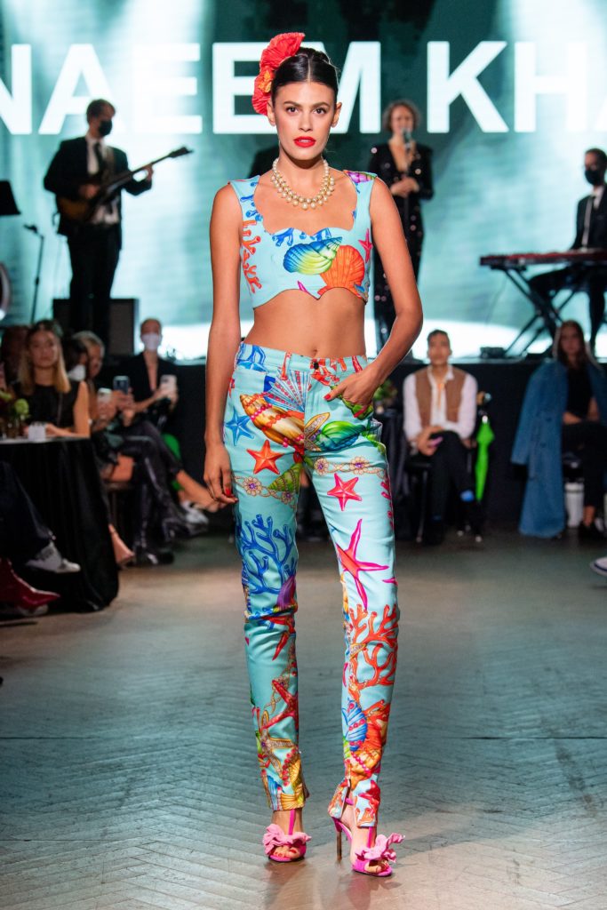 Naeem Khan Amalfi porcelain crop top with matching hemp jeans. (Photo courtesy of Naeem Khan)