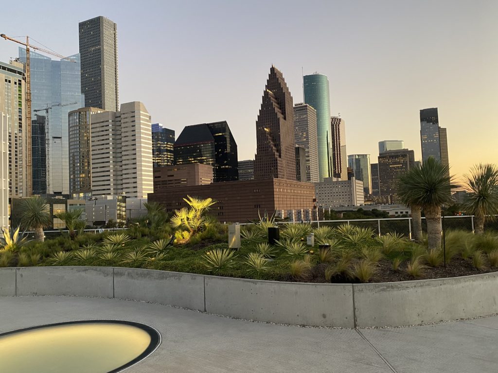 Sunset view of the Houston skyline from POST Houston's Skylawn (Photo by Shelby Hodge)