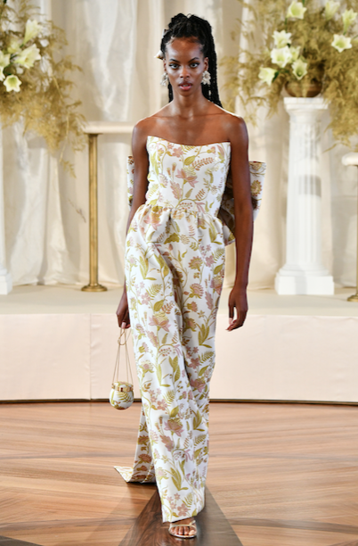 Markarian Evora strapless ivory floral brocade gown with oversized bow. (Photo courtesy of Markarian)