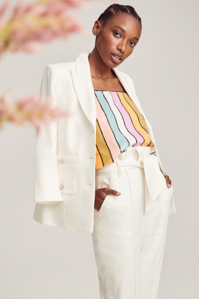 From the Veronica Beard spring/summer '22 collection: white jacket and matching trousers with sequined striped shell. (Photo courtesy of Veronica Beard)