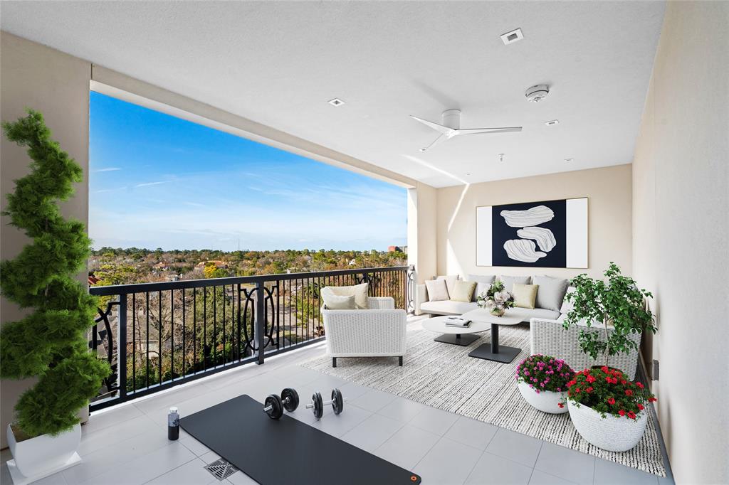 The private terrace from the primary bedroom in the seventh floor penthouse at The Sophie on Memorial Drive.