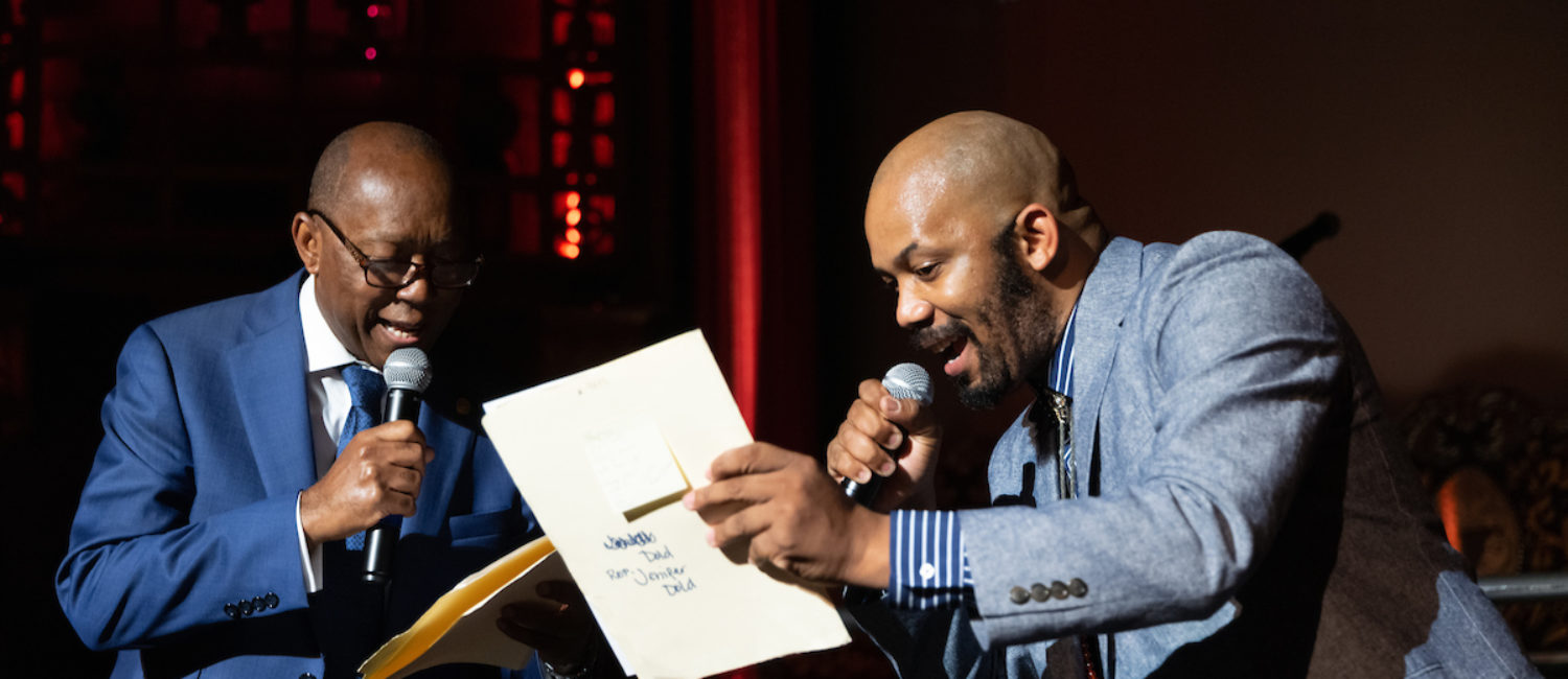 Mayor Sylvester Turner and Outspoken Bean rapping at the Houston Arts Alliance Moulin Rouge themed gala at Majestic Metro theater. (Photo by Daniel Ortiz)