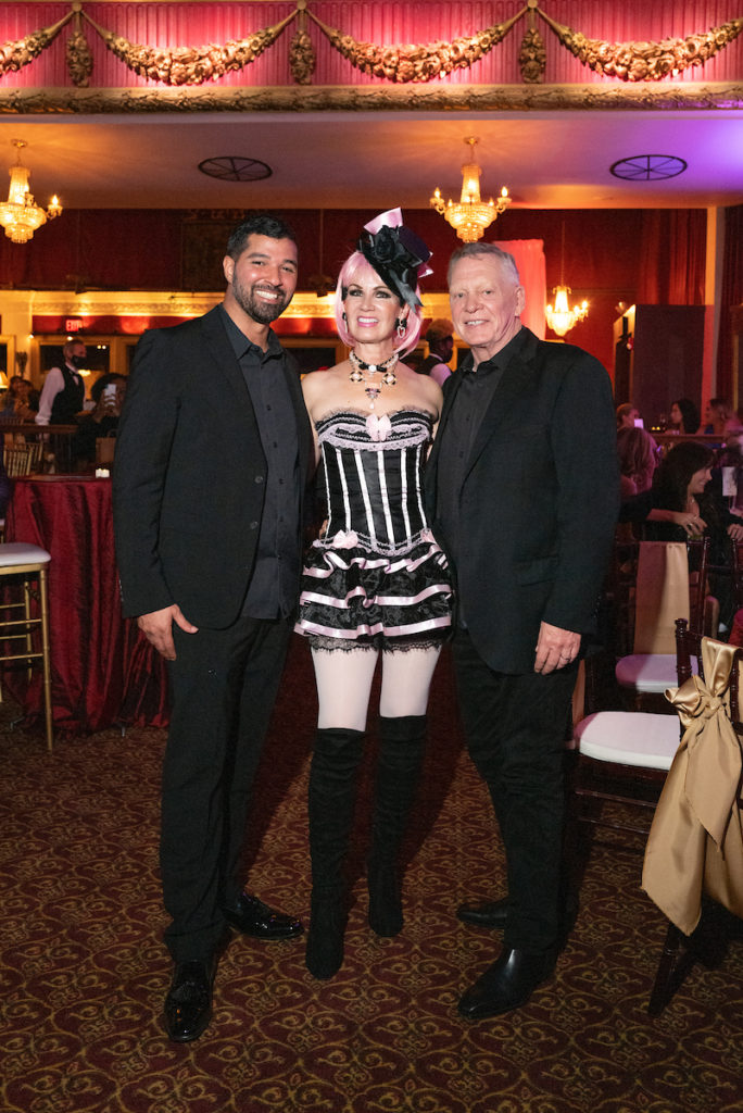 Angel Rios, Beth Muecke, Richard Flowers at the Houston Arts Alliance Moulin Rouge themed gala at the Majestic Metro theater. (Photo by Daniel Ortiz)