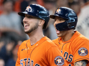 The Houston Astros defeated the Chicago White Sox 9-5 behind s 5-run 7th inning, highlighted by a Carlos Correa 2-RBI double and a Kyle Tucker 2-run home run. The Astros now lead 2 games to none in a best-of-five American League Division Series