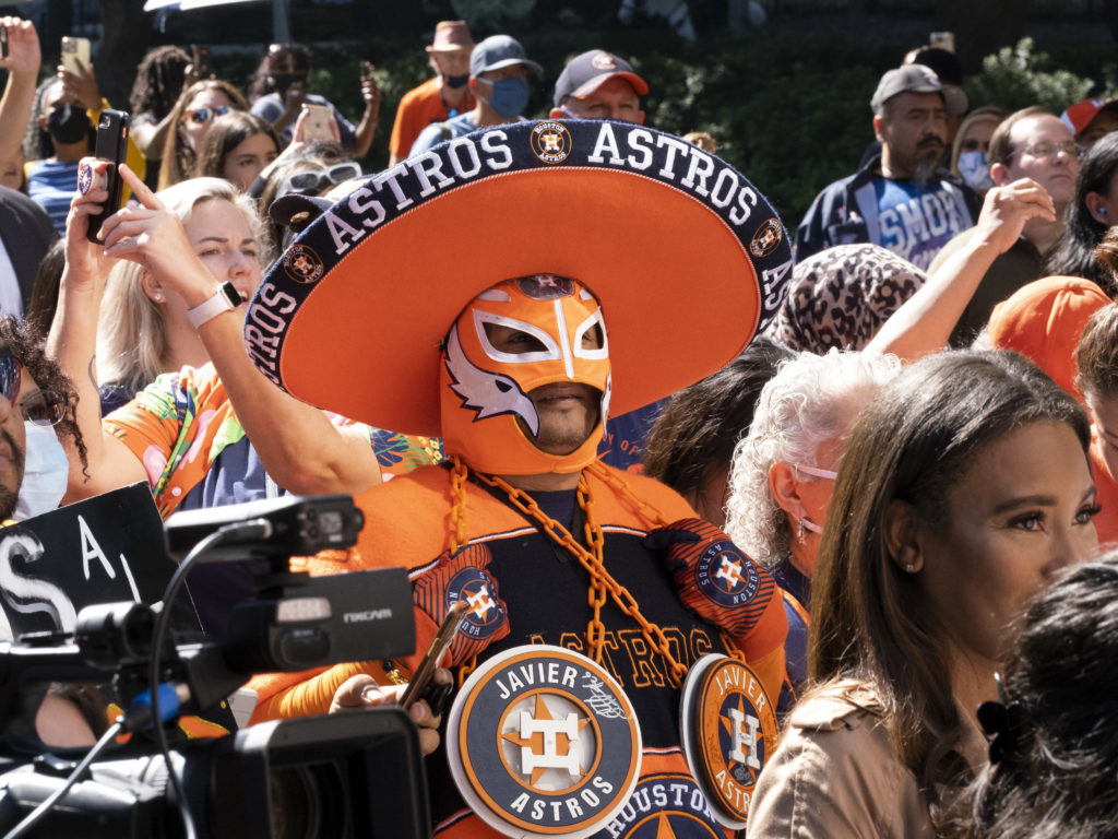 Some Astros fans even dressed up for the City Hall pep rally. (Photo by F. Carter Smith)