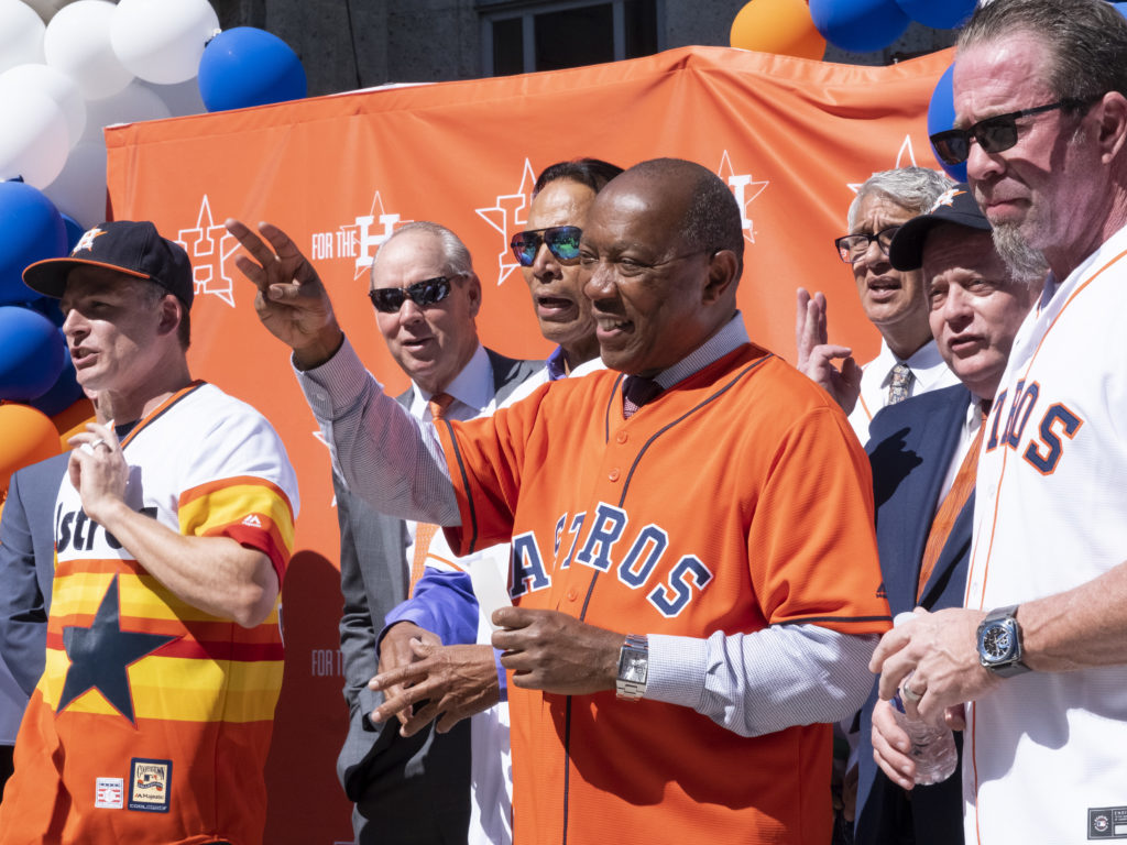 Houston Mayor Sylvester Turner noted how the Astros have been there for locals during Hurricane Harvey and now through COVID. (Photo by F. Carter Smith)