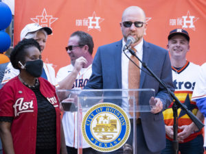Astros Owner and Chairman Jim Crane, Astros General Manager James Click, Astros alums Jeff Bagwell and Jose Cruz, mascot Orbit and the Coca-Cola Shooting Stars will join Houston Mayor Sylvester Turner at City Hall to kick off the postseason celebration at