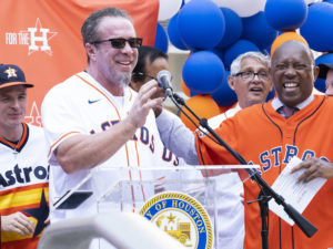 Astros Owner and Chairman Jim Crane, Astros General Manager James Click, Astros alums Jeff Bagwell and Jose Cruz, mascot Orbit and the Coca-Cola Shooting Stars will join Houston Mayor Sylvester Turner at City Hall to kick off the postseason celebration at