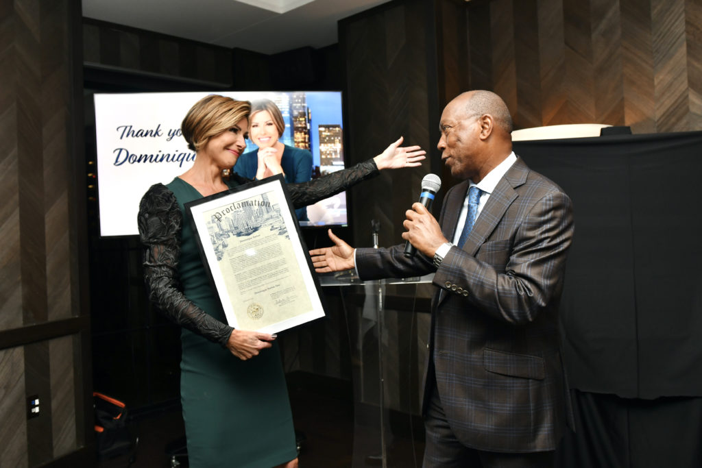 Mayor Sylvester Turner declares it Dominique Sachse Day in Houston at her departure party, hosted by Steak 48, 2021.