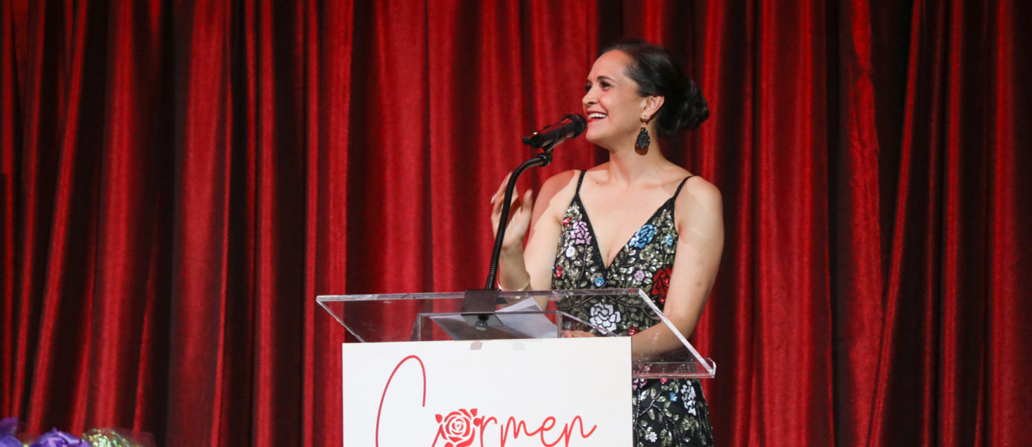 Houston Grand Opera general director and CEO Khori Dastoor welcomes guest to the HGO opening night dinner following the production of Carmen. (Photo by Melissa Taylor)